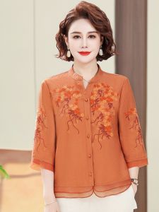 เสื้อเชิ้ตผ้าชีฟองแขนยาวครึ่งตัวสำหรับคุณแม่ในฤดูร้อน ทรงหลวม คอวี แขนยาว ทรงปกติ เสื้อผ้าทำงาน แฟชั่นผู้หญิง