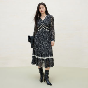 DUSHU | Flared Skirt V-Neck Lace Plus Size Maxi Dress