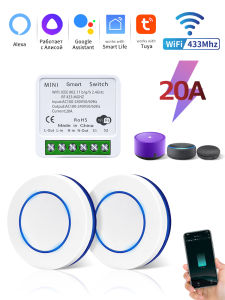 Tuya WiFi Smart Switch 20A/16A 100-240V RF433Mhz Wireless Relay Receiver Mini Round Panel Switch App Voice Control For Led Light
