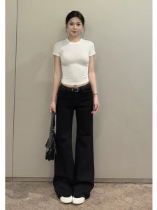 กางเกงยีนส์ทรงหลวมเอวต่ำสีดำทรงขากระบอกสำหรับผู้หญิงในฤดูใบไม้ผลิ กางเกงขายาวทรงหลวมเอวสูงทรงสลิมฟิตสำหรับผู้หญิง