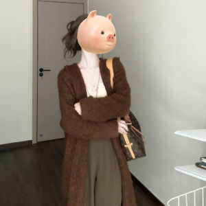 Cafe Au Lait Knitted Sweater Coat Womens Autumn Winter Mid-Length Korean Style Sweet Loose Fit Long Sleeve Warm Thermal