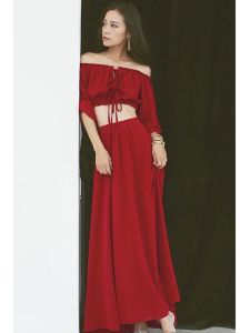 ชุดเดรสยาวสีแดงไหล่เดียวสไตล์ฝรั่งเศส ชุดไปเที่ยวชายหาด ชุดไปเที่ยวฤดูร้อน ชุดเดรสยาวปานกลาง แขนยาว ชุดเดรสยาวปานกลาง