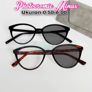 Kacamata Frame Cateye Lensa Minus Photocromic 0.50-6.00 Boc Dan Lap Gomana