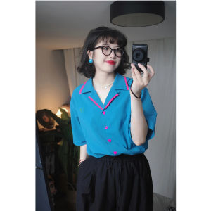 Sweet Patchwork Cuban Collar Short Sleeve Womens Shirt French Vintage Love Button Pure Cotton Top Trendy Ageless Versatile