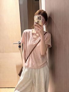 YUANYA | Slimming Lightweight Pink V-neck Short Sleeve T-shirt