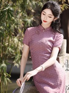 Young Girls Purple Qipao Dress Retro Chinese Style Daily Wear Short Sleeve Low Slit Floral Patterned Midi Qipao for Spring
