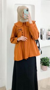 Basic Korean Collar Blouse Muslimah//Atasan Linen Bordir Flo Shafa Premium Ramadhan Lebaran