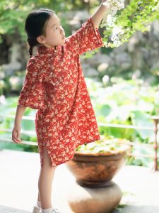 ชุดเดรสเด็กผู้หญิง ชุดกี่เพ้าฤดูใบไม้ผลิและฤดูใบไม้ร่วง ชุดราตรีสีแดง กระต่ายหยก ชุดเด็กสไตล์จีนปรับปรุงใหม่ ผ้าฝ้ายแท้
