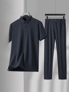 ROMON | Lomond Mens Short Sleeve Ice Silk Casual Sports Thin Summer Set Fathers Day Middle-Aged Dad Polo Shirt Long Pants