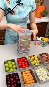 CHOVY 304 Stainless Steel Box Kitchen Storage Box with Lid Fresh Keeping Fruit Containers Food Sealed Trays for Picnic