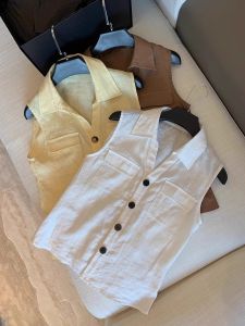 LTST | Vintage Single Button Collarless Linen Sleeveless Shirt