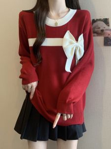 เสื้อสเวตเตอร์ถักแขนยาวสีแดง ทรงหลวม สำหรับผู้หญิง ฤดูใบไม้ผลิและฤดูใบไม้ร่วง ไซส์ใหญ่ เสื้อผ้าทำงานสไตล์เกาหลี ผ้าฝ้ายผสมโพลีเอสเตอร์