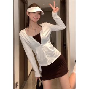 YUEZHONGWEI | White Ice Silk Open Cardigan Womens Summer Thin Tight Short Style Sun Protection Top Zipper Closure Hooded Long Sleeve Shirt