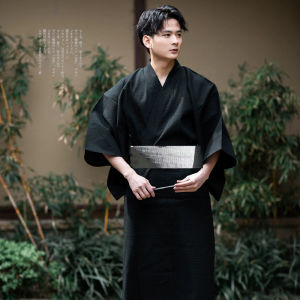 Japanese Traditional Samurai Kimono For Men Yukata Bathing Robe Hekoobi Loose Style Sauna Wear Homewear Belt Long Gown Cotton