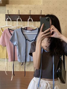 Áo Thun Dài Tay Ôm Vừa Vặn Mùa Hè Cho Nữ Có Chi Tiết Thắt Nút Bướm Màu Tương Phản Áo Sơ Mi Cơ Bản Áo Chui Đầu Cổ Tròn