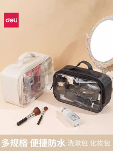 Deli Womens Portable Makeup Bag Large Capacity Waterproof Travel Toiletry Bag PVC Material Handbag Style Zipper Closure
