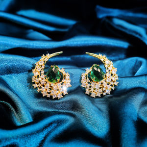 SEQUITO Charming Female Gold Plated Moon Shape Pave Setting Red Water Drop Cut AAAAA Cubic Zirconia Stud Earrings SE1022