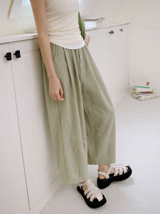 Hua Ji K324 Womens High Waist Straight Leg Airy Pants Summer Casual Green Plaid Fashionable Nine-Piece Length Polyester Fiber