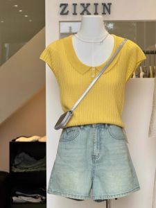 HUOLISI | Yellow Linen and Ice Silk Short Sleeve Flounce Collar T-shirt