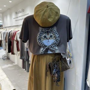 Casual Style Womens Short Sleeve T-Shirt Loose Fit round Neck Top Fashionable Plaid Scarf Cat Print Early Autumn New Arrival