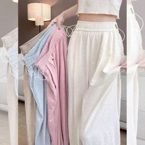 Summer Thin Wide Leg Pants Loose Fit Casual Outerwear Trousers for Women High Waist Metal Coated Fiber No Stretch Elastic