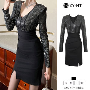 เดรสผู้หญิง เดรสผ้าเลื่อม 50656 รูปแบบ ZYHT EraVogue เดรสผู้หญิง เดรสสีดำ เดรสแขนยาว เดรสคอวี เดรสผ้าเลื่อม เดรสไฮโซ เดรสผู้หญิง เดรสวินเทจ เดรสออกงาน เดรสปาร์ตี้ เดรสฝรั่งเศส