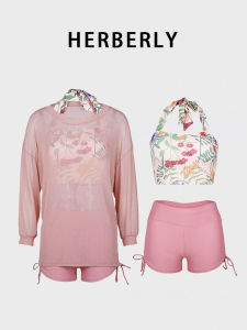 Herberly Womens Conservative Three-Piece Swimsuit Bikini Set Slimming Tummy Cover-Up Swimwear round Neck Flat-Bottomed Pants