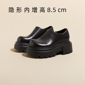 Retro British Style Thick Bottom Platform Shoes Womens Increased Height Flatform Black New Genuine Leather Large Head Shoes Women Slip-On Casual Work Shoes round Toe High Heel Rubber Foam Outsole