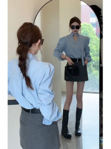 Blue V-Neck Long Sleeve Commute Shirt Women Early Spring High-End Atmosphere Outerwear Slimming Top Korean Style Straight Cut