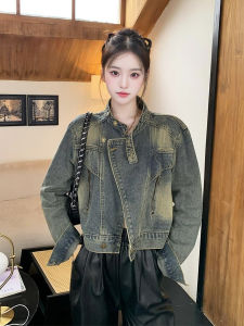Retro Short Denim Jacket for Women Spring Autumn Long Sleeve Stand Collar Trendy Commute Style Loose Fit Regular Thickness