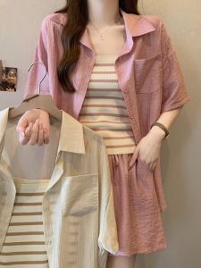 Plus Size Plus Size Ladies Summer New Suit Shirt Tops Casual Elastic Shorts Bottoming Striped Sling Three-Piece Set for Women