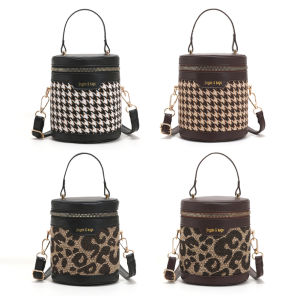 กระเป๋ากระเป๋าถือทรงกระบอกสำหรับสายรัดปรับได้ผู้หญิงลาย Houndstooth เสือดาวกระเป๋าทรงถังกระเป๋าลำลองกระเป๋าสะพายทุกวัน
