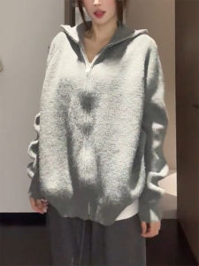 QINGNAER | Loose Matching Big Size Sweater Grey Long Sleeve Turtleneck with Zipper