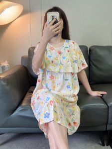 Summer Lightweight Cotton Silk Sleep Dress Short Sleeve Home Clothes for Girls Women round Neck Print Casual Comfortable Dress