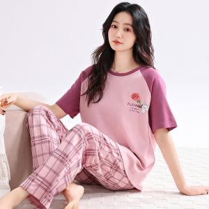 ชุดนอนผู้หญิงผ้าฝ้ายแท้แขนสั้น กางเกงขายาว ชุดนอนฤดูร้อน ชุดนอนผ้าฝ้ายระบายอากาศได้ดี แขนสั้น คอกลม ชุดนอนฤดูร้อน