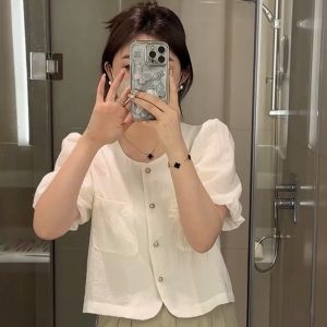 Áo Sơ Mi Nữ Tay Ngắn Cổ Tròn Màu Trơn Phong Cách Pháp Ngọt Ngào Mùa Hè 2025 Thời Trang Mới Chất Liệu Polyester Thường Ngày