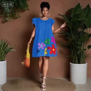 Womens 2026 Round Neck Printed Casual Dress with Flying Sleeves A-Frame Design Spring Summer Fashionable Clothing