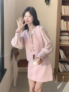 Pink Fashionable Soft Set Dress Womens 2025 Autumn New Style Vest Shirt Half-length Skirt Three-piece Set Comfortable Bubble Sleeve
