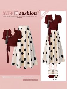 YINGKETUO | V-Neck Tied Slim Fitting High Waist Dress and Skirt Set Retro Polka Dots