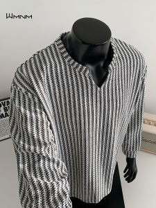 เสื้อยืดคอกว้างแขนยาวทรงหลวมสไตล์อเมริกันย้อนยุคสำหรับผู้ชาย ฤดูใบไม้ร่วง น้ำหนักเบา ไม่มีหมวก เสื้อสเวตเตอร์สวมหัว