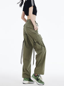 Army Green Straight Workwear Trouser Womens Autumn Winter New Drawstring Low Waist Hot Pattern Casual American Paratrooper Pants