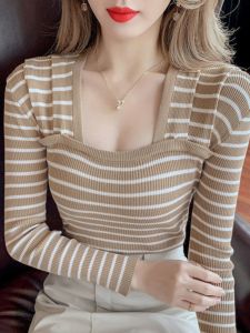 Slim Fit Striped Knitted Base Shirt Womens Fashion Spring Autumn French Vintage Black White Square Collar Expose Clavicle