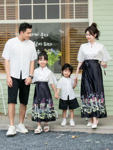 ชุดแฟชั่นครอบครัวสไตล์จีน ชุดแม่และลูก ชุดกระโปรงม้า ชุดฤดูร้อนสำหรับครอบครัวสี่คน ผ้าฝ้ายลินินผสมโพลีเอสเตอร์