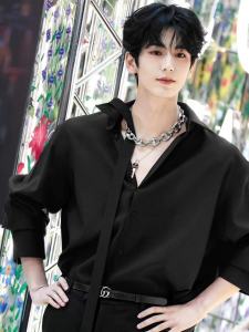 Black Neapolitan Shirt Mens Casual Design Long Sleeve Standard Fit Polyester Fiber Breathable Young Adult Daily Wear Vintage Style