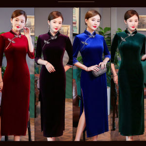 Four Girls Realisticism Gold Velvet Long Vintage Style Belly Covering Slimming Youngish Qipao Daily Wear Low Slit Cheongsam