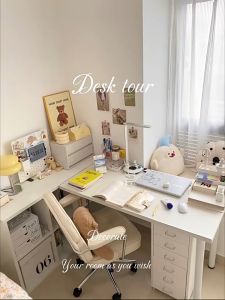 XUXU โต๊ะคอมพิวเตอร์ขากลมสีขาวพร้อมตู้ เป็นโต๊ะทำงานสไตล์เรียบง่ายสำหรับใช้ในบ้านหรือที่ทำงาน โต๊ะเรียบง่ายสำหรับการเรียนหนังสือหรือทำงานในห้องนอน