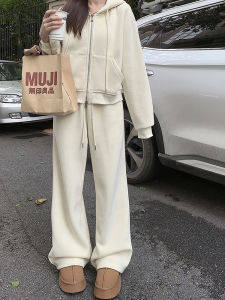 สไตล์เกาหลี ลำลอง หลวม ขากว้าง กางเกง ชุดผู้หญิง ฤดูใบไม้ผลิ ฤดูใบไม้ร่วง 2024 ใหม่ เสื้อฮู้ด ชุดสองชิ้นแฟชั่น ผ้าฝ้าย แขนยาว ซิป