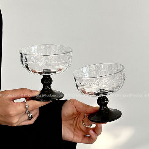 Retro Style Glass Highball Cup Ice Cream Bowl Dessert Cup Yogurt Bowl Snack Cup Tight Ring Pattern Vintage Glassware