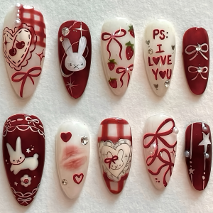 Handmade Short Rabbit Strawberry Butterfly Knot Pearl Rhinestone Almond Shaped Wearable Nail Tips Sweet Cute Macaron Color