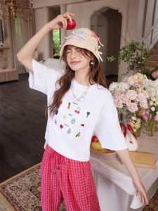 CloudSeason Summer New Loose Cotton round Neck Short Sleeve Embroidered T-Shirt Womens Popular Pure Cotton Comfortable Top
